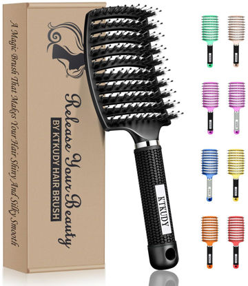 Picture of KTKUDY Detangling Brush Boar Bristles Hair Brush Make Hair Shiny & Healthier Curved and Vented Detangler Brush for Women Men Kids Wet & Dry Hair (Black)