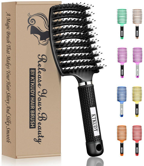 Picture of KTKUDY Detangling Brush Boar Bristles Hair Brush Make Hair Shiny & Healthier Curved and Vented Detangler Brush for Women Men Kids Wet & Dry Hair (Black)