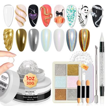 Picture of MIZHSE Solid Builder Gel - 1 oz Clear Non Stick Hand Hard Gel with 6 Colors Chrome Nail Powder Nail Form Nail Extension Kit for Nail Salon Home DIY