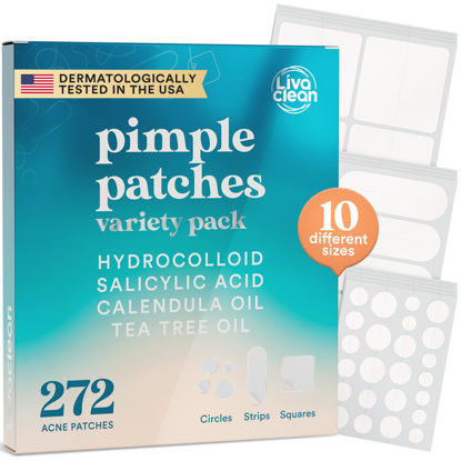 Picture of LivaClean 272 CT Pimple Patches Variety Pack w/ Tea Tree Oil, Salicylic Acid & Calendula Oil - Pimple Patches Large, Large Pimple Patches for Face Acne Patches Large, Hydrocolloid Patches