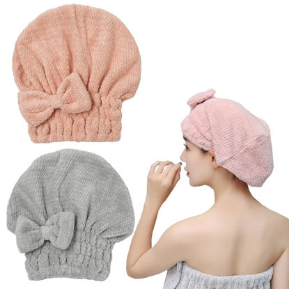Picture of M-bestl Microfiber Hair Towel, Hair Towel Cap,Absorbent Hair Turban Towel,Hair Drying Towel to Dry Curly or Straight Short Hair Quickly(Pink&Gray)