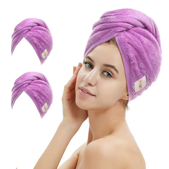 Picture of M-bestl 2 Pack Microfiber Hair Towel Wrap,Hair Drying Towel with Button,Absorbent Head Towel to Dry Hair Quickly (Purple)