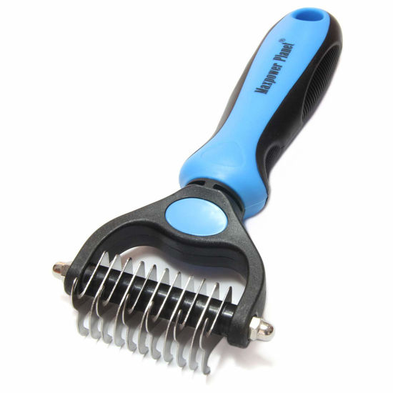 Picture of Maxpower Planet Pet Grooming Brush - Double Sided Shedding, Dematting Undercoat Rake for Dogs, Cats. Extra Wide Dog Grooming Brush, Dog Brush for Shedding, Cat Brush, Reduce Shedding by 95% (Blue, S)