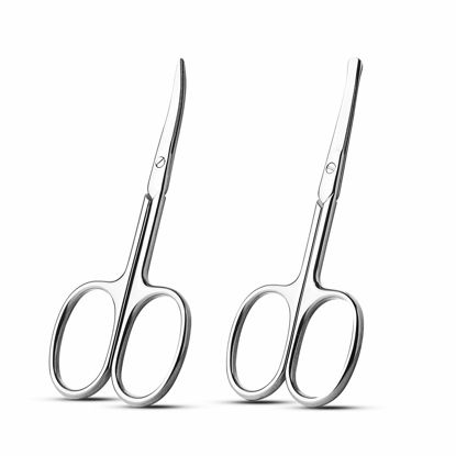 Picture of Facial Hair Small Grooming Scissors For Men Women - Eyebrow, Nose Hair, Mustache, Beard, Eyelashes, Ear Trimming Kit - Curved and Rounded Safety Tip Clippers For Hair Cutting 2PCS With Cover Sliver