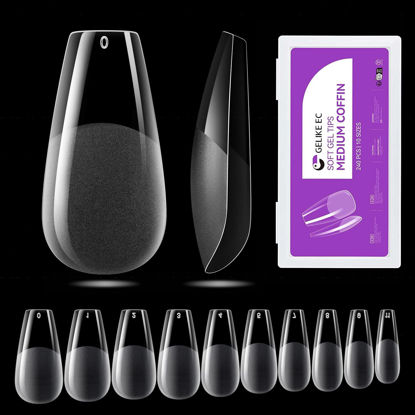 Picture of Gelike ec Medium Coffin Nail Tips: 240PCS Soft Gel Tips for Nail Extensions Coffin Shaped Full Cover Gel X Nail Tips Pre Etched - PMMA Resin Clear False Nails Press on Nails 10 Sizes, MEDIUM COFFIN