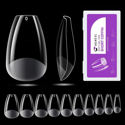 Picture of Gelike ec Short Coffin Nail Tips: 240PCS Soft Gel Tips for Nail Extensions Coffin Shaped Full Cover Gel X Nail Tips Pre Etched - PMMA Resin Clear False Nails Press on Nails 10 Sizes, SHORT COFFIN