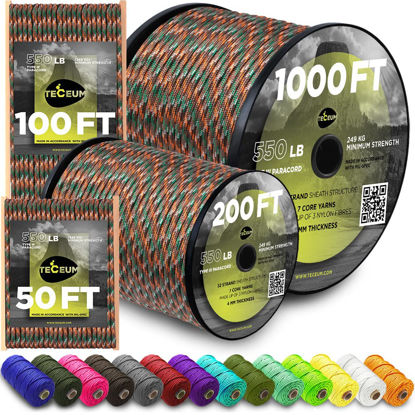 Picture of TECEUM Paracord Type III 550 Mixed Camo - 50 ft - 4mm - Tactical Rope MIL-SPEC - Outdoor para Cord - Camping Hiking Fishing Gear - EDC Parachute Cord - Strong Survival Rope 766
