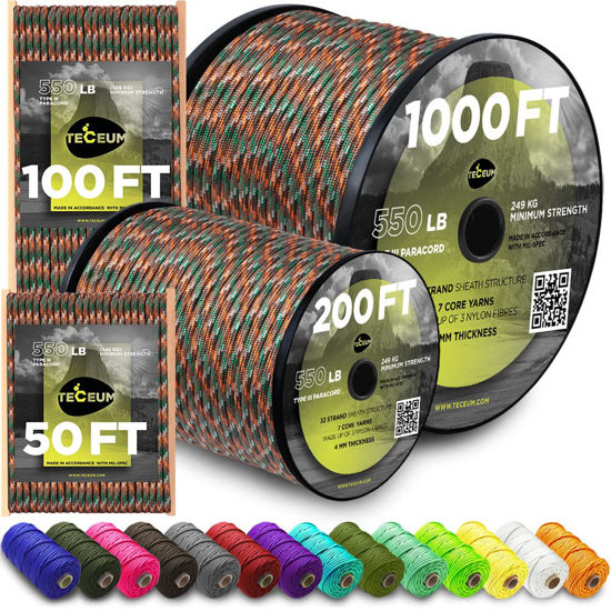 Picture of TECEUM Paracord Type III 550 Mixed Camo - 50 ft - 4mm - Tactical Rope MIL-SPEC - Outdoor para Cord - Camping Hiking Fishing Gear - EDC Parachute Cord - Strong Survival Rope 766