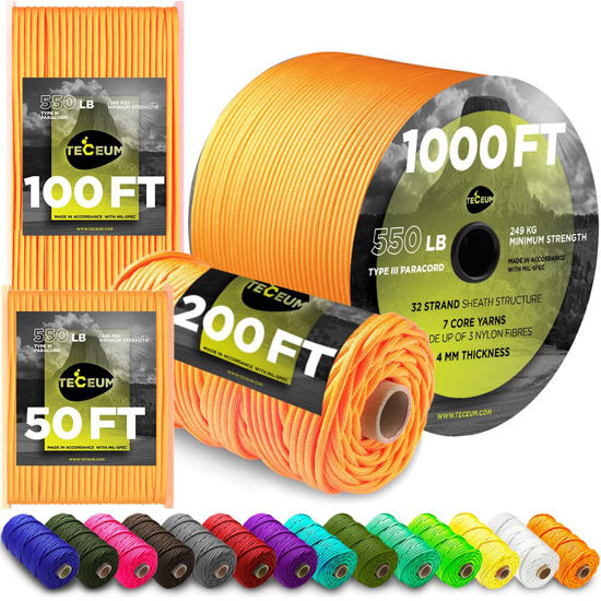 Picture of TECEUM Paracord Type III 550 Orange - 100 ft - 4mm - Tactical Rope MIL-SPEC - Outdoor para Cord -Camping Hiking Fishing Gear and Equipment - EDC Parachute Cord - Strong Survival Rope 045 n