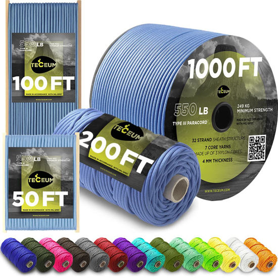 Picture of TECEUM Paracord Type III 550 ICY Lake - 100 ft - 4mm - Tactical Rope MIL-SPEC - Outdoor para Cord - Camping Hiking Fishing Gear - EDC Parachute Cord -Strong Survival Rope 466