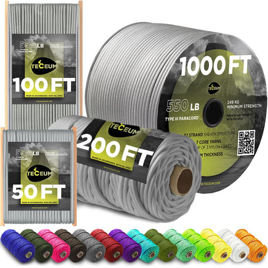 Picture of TECEUM Paracord Type III 550 Silver Grey - 50 ft - 4mm - Tactical Rope MIL-SPEC - Outdoor para Cord - Camping Hiking Fishing Gear - EDC Parachute Cord - Strong Survival Rope 002