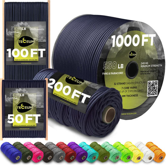 Picture of TECEUM Paracord Type III 550 Navy Blue - 100 ft - 4mm - Tactical Rope MIL-SPEC - Outdoor para Cord -Camping Hiking Fishing Gear and Equipment - EDC Parachute Cord - Strong Survival Rope 038