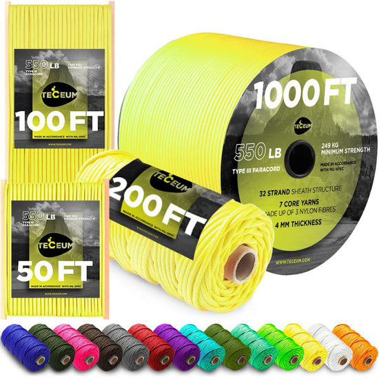 Picture of TECEUM Paracord Type III 550 Yellow - 100 ft - 4mm - Tactical Rope MIL-SPEC - Outdoor para Cord - Camping Hiking Fishing Gear - EDC Parachute Cord -Strong Survival Rope 019