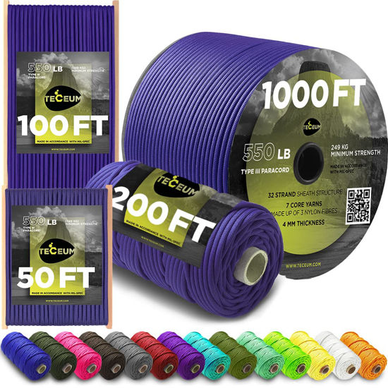 Picture of TECEUM Paracord Type III 550 Royal Blue - 100 ft - 4mm - Tactical Rope MIL-SPEC - Outdoor para Cord - Camping Hiking Fishing Gear - EDC Parachute Cord -Strong Survival Rope 376