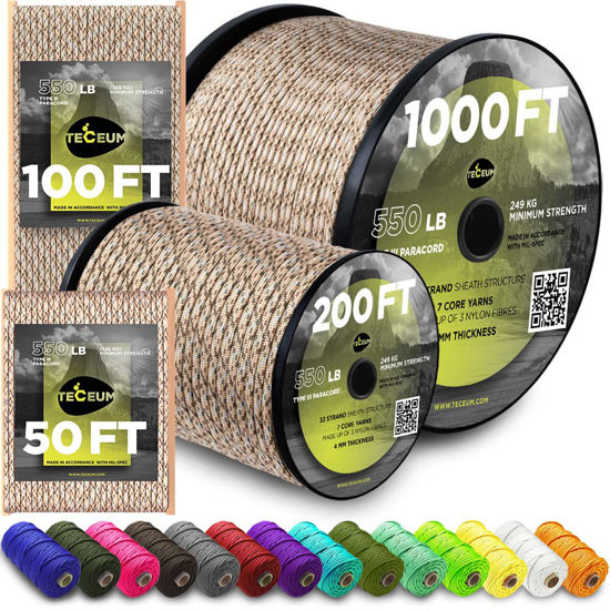 Picture of TECEUM Paracord Type III 550 Desert Camo - 50 ft - 4mm - Tactical Rope MIL-SPEC - Outdoor para Cord - Camping Hiking Fishing Gear - EDC Parachute Cord - Strong Survival Rope 280