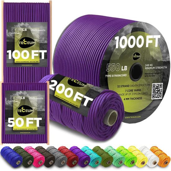 Picture of TECEUM Paracord Type III 550 Purple - 50 ft - 4mm - Tactical Rope MIL-SPEC - Outdoor para Cord - Camping Hiking Fishing Gear - EDC Parachute Cord - Strong Survival Rope 026 nw