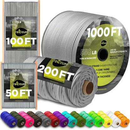 Picture of TECEUM Paracord Type III 550 Silver Grey - 100 ft - 4mm - Tactical Rope MIL-SPEC - Outdoor para Cord - Camping Hiking Fishing Gear EDC Parachute Cord Strong Survival Rope 002 Rplc