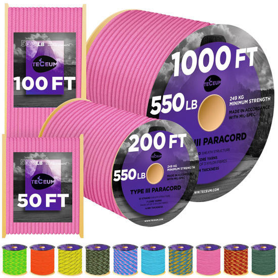 Picture of TECEUM Paracord Type III 550 Pink - 50 ft - 4mm - Tactical Rope MIL-SPEC - Outdoor Para Cord -Camping Hiking Fishing Gear and Equipment - EDC Parachute Cord - Strong Survival Rope 09gd