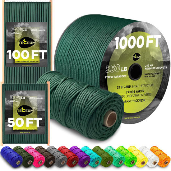 Picture of TECEUM Paracord Type III 550 Dark Emerald Green - 100 ft - 4mm - Tactical Rope MIL-SPEC - Outdoor para Cord - Camping Hiking Fishing Gear - EDC Parachute Cord -Strong Survival Rope 022