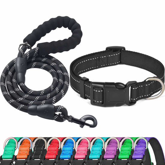 Picture of Ladoogo Reflective Dog Collar Padded with Soft Neoprene Breathable Adjustable Nylon Dog Collars for Small Medium Large Dogs (X-Small (Pack of 1), Black Collar+Leash)