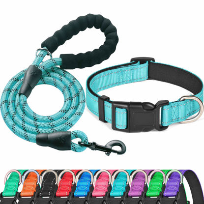 Picture of Ladoogo Reflective Dog Collar Padded with Soft Neoprene Breathable Adjustable Nylon Dog Collars for Small Medium Large Dogs (Medium (Pack of 1), Blue Collar+Leash)