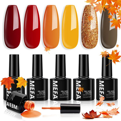 Picture of MEFA 6 Colors Fall Gel Nail Polish Set, Autumn Shades Orange Red Brown Glitter Yellow Soak Off Gel Polish Pumpkin Maple Leaves Tones Nail Art Design Salon Home Manicure Kit Halloween Gifts