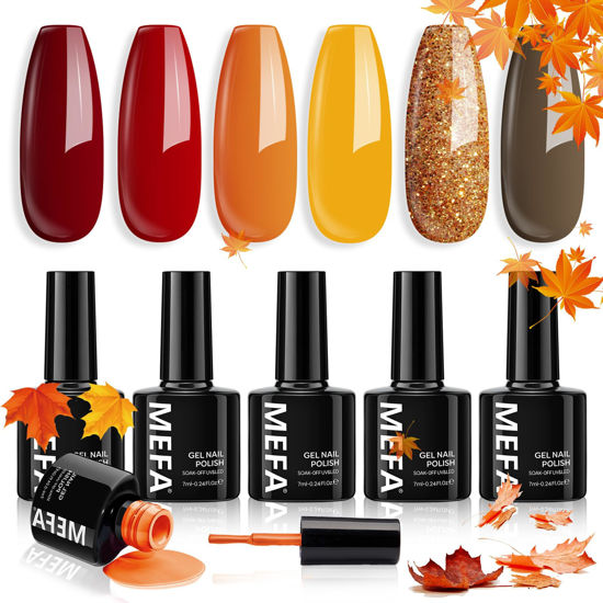 Picture of MEFA 6 Colors Fall Gel Nail Polish Set, Autumn Shades Orange Red Brown Glitter Yellow Soak Off Gel Polish Pumpkin Maple Leaves Tones Nail Art Design Salon Home Manicure Kit Halloween Gifts