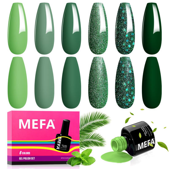 Picture of MEFA Green Gel Nail Polish, 6 Colors Green Glitter Nail Polish Gel Dark Avocado Sage Green Evergreen Sparkle Gel Polish Set Soak Off Nail Art DIY Salon Manicure Nail Art Holiday Gifts for Women