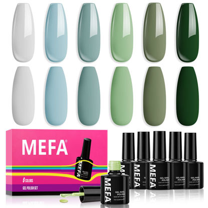 Picture of MEFA Green Gel Nail Polish Set 6 Colors, Sage Green Mist Blue Light Grey Dark Olive Shades Earth Tone Gel Polish Matcha Avocado Soak Off Nail Art Design Home Manicure Kit Gifts