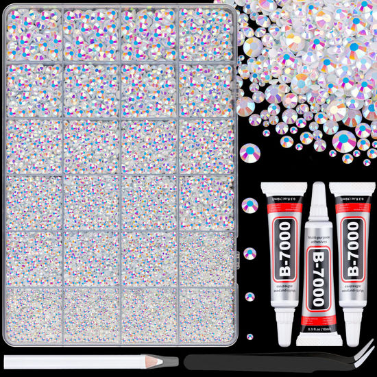 Picture of 25000Pcs Resin Jelly Rhinestones with Tweezers for Crafting, White AB Flatback Gems, Bedazzling Crystal with 3Pcs 10ml B7000 Jewelry Glue for DIY Crafts Clothing Tumblers Shoes Fabric Nail Art