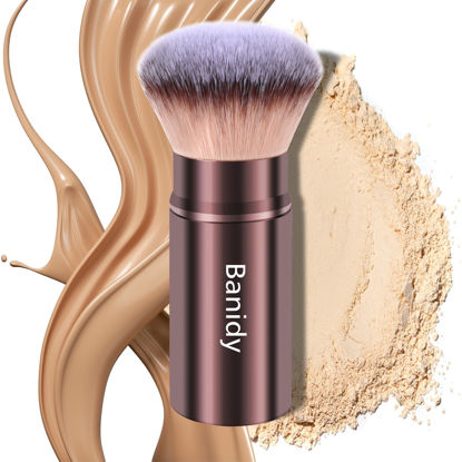 Picture of Makeup Brush Kabuki Face Brushes Retractable Travel Blush Brush Portable Flawless for Foundation, Powder Blush, Bronzer, Buffing, Liquid, Cream, Cruelty Free with Cover(Round-Head)