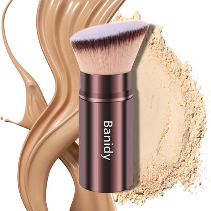 Picture of Makeup Brush Kabuki Face Brushes Retractable Travel Blush Kabuki Brush Portable Flawless for Foundation, Powder Blush, Bronzer, Buffing, Liquid, Cream, Cruelty Free with Cover(Brown)
