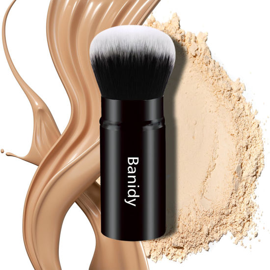 Picture of Makeup Brush Kabuki Face Brushes Retractable Airbrush Travel Blush Brush Portable Flawless for Foundation, Powder Blush, Bronzer, Buffing, Liquid, Cream, Cruelty Free with Cover(Round-Head)