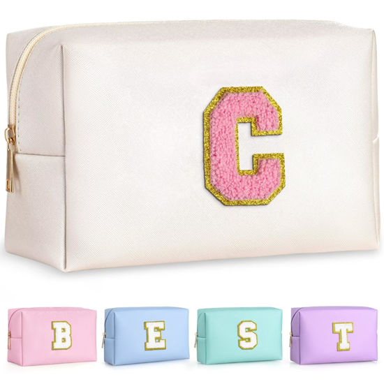 Picture of TOPEAST Gifts for Friends Female Mom, Cute Makeup Bag Small Pink Cosmetic Bag Travel Toiletry Bag, Personalized Birthday Gift for Women Girl, Preppy Travel Stuff For Girls (Pearly White C)
