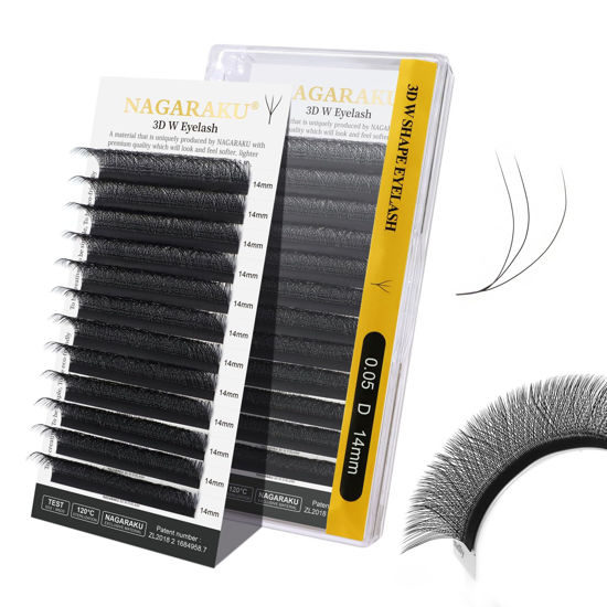 Picture of NAGARAKU W Shape Eyelash Extension 3D Volume Cluster Premade Fans Eye Lashes Faux Mink Matte Black Easy Fanning False Eyelashes (0.05mm D curl 14mm)