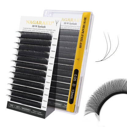 Picture of NAGARAKU W Shape Eyelash Extension 3D Volume Cluster Premade Fans Eye Lashes Faux Mink Matte Black Easy Fanning False Eyelashes (0.05mm D curl 13mm)