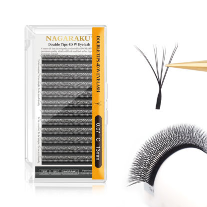 Picture of NAGARAKU Double Tips 4D W Eyelash Extensions Supplies Thick w lash 0.07mm C curl 13mm Premade Fans Russian Volume Faux Mink Matte 12 rows Cluster pre Fanned Eye Lashes