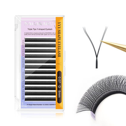 Picture of NAGARAKU 3 Tips Triple YYY Eyelash Extensions Supplies Y Lash Premade Fans 6D Russian Volume Y Shape Faux Black 12 Rows Cluster Pre Fanned Wispies Crisscross Eye Lashes(0.07mm D Curl 8mm)