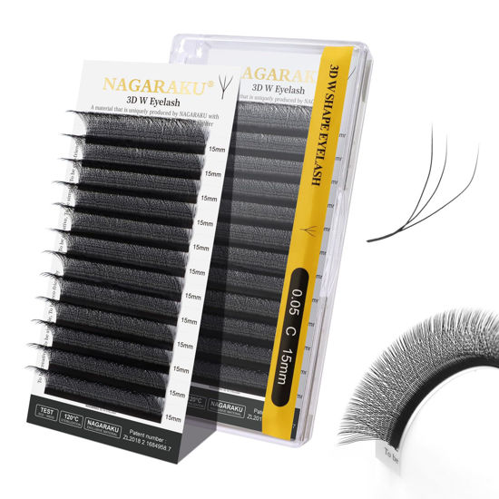 Picture of NAGARAKU W Shape Eyelash Extension 3D Volume Cluster Premade Fans Eye Lashes Faux Mink Matte Black Easy Fanning False Eyelashes (0.05mm C curl 15mm)