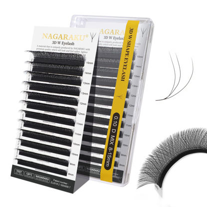 Picture of NAGARAKU W Shape Eyelash Extension 3D VolumeCluster Premade Fans Eye Lashes Faux Mink Matte Black Easy Fanning False Eyelashes (0.10mm D Curl 8-15mm Mix)