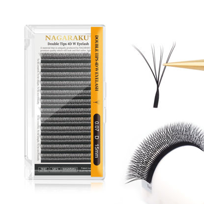 Picture of NAGARAKU Double Tips 4D W Eyelash Extensions Supplies Thick w lash 0.07mm D curl 15mm Premade Fans Russian Volume Faux Mink Matte 12 rows Cluster pre Fanned Eye Lashes