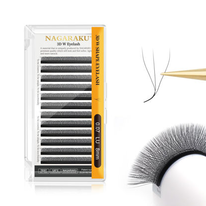 Picture of NAGARAKU 3D W Shape Eyelash Extension Supplies Natural Soft Volume 0.07mm LU curl 8mm Premade Fans Faux Mink Matte Black Cluster Easy Fanning False Lashes