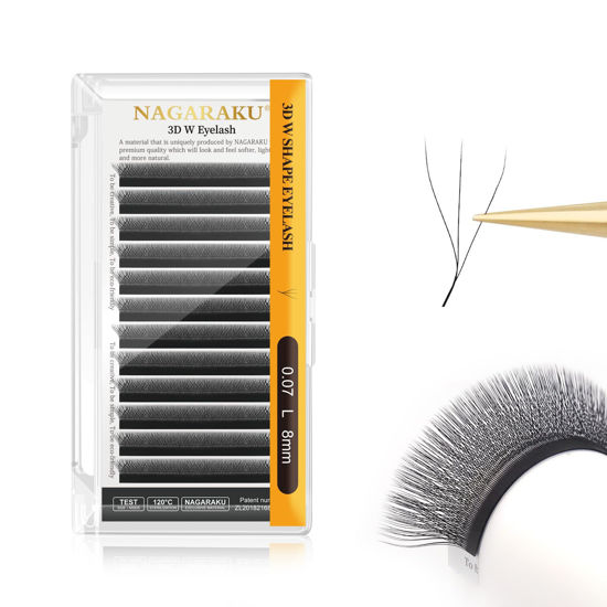 Picture of NAGARAKU 3D W Shape Eyelash Extension Supplies Natural Soft Volume 0.07mm L curl 8mm Premade Fans Faux Mink Matte Black Cluster Easy Fanning False Lashes