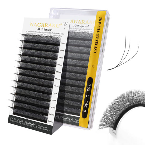 Picture of NAGARAKU W Shape Eyelash Extension 3D Volume Cluster Premade Fans Eye Lashes Faux Mink Matte Black Easy Fanning False Eyelashes (0.05mm C curl 14mm)