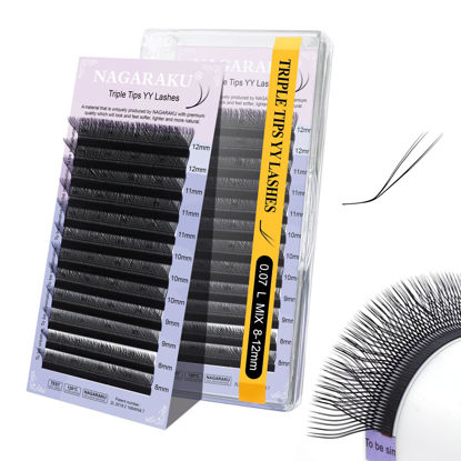 Picture of NAGARAKU 3 Tips Triple yyy Eyelash Extensions Supplies Y Lash 6D Easy Fan Russian Volume Crisscross Eyelashes Handwoven Y Shaped Mesh Wispy Clusters 12 Rows Eye Lashes Black -0.07L (8-12mm) Mix