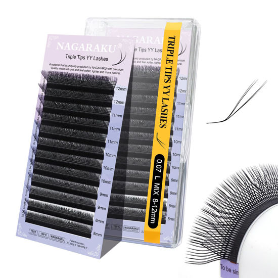 Picture of NAGARAKU 3 Tips Triple yyy Eyelash Extensions Supplies Y Lash 6D Easy Fan Russian Volume Crisscross Eyelashes Handwoven Y Shaped Mesh Wispy Clusters 12 Rows Eye Lashes Black -0.07L (8-12mm) Mix