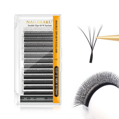 Picture of NAGARAKU Double Tips 4D W Eyelash Extensions Supplies Thick w lash 0.07mm D curl Mix Tray 8-15mm Premade Fans Russian Volume Faux Mink Matte 12 rows Cluster pre Fanned Eye Lashes