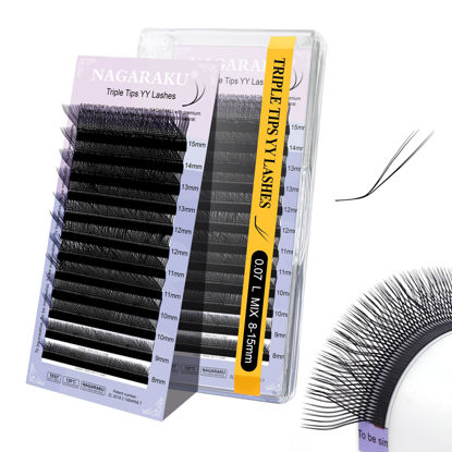Picture of NAGARAKU 3 Tips Triple yyy Eyelash Extensions Supplies Y Lash 6D Easy Fan Russian Volume Crisscross Eyelashes Handwoven Y Shaped Mesh Wispy Clusters 12 Rows Eye Lashes Black -0.07L (8-15mm) Mix