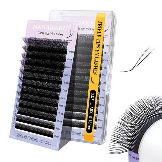 Picture of NAGARAKU 3 Tips Triple yyy Eyelash Extensions Supplies Y Lash 6D Easy Fan Russian Volume Crisscross Eyelashes Handwoven Y Shaped Mesh Wispy Clusters 12 Rows Eye Lashes Black -0.07L (8-15mm) Mix