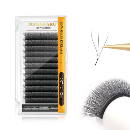 Picture of NAGARAKU 3D W Shape Eyelash Extension Supplies Natural Soft Volume 0.07mm L curl 12mm Premade Fans Faux Mink Matte Black Cluster Easy Fanning False Lashes